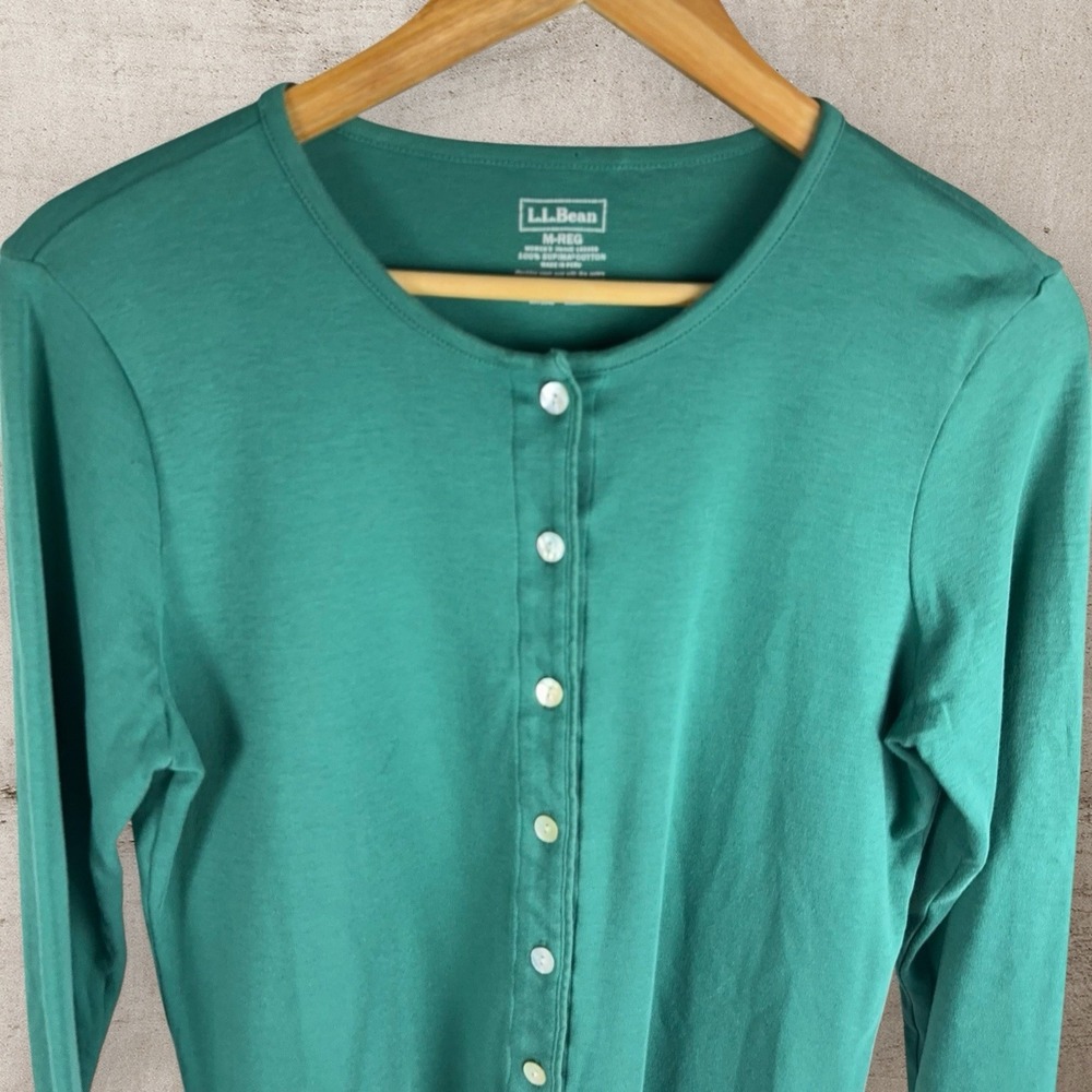 L.L. Bean 100% Supima Cotton Teal Green Long Sleeve Pearl Button Cardigan Knit M - Picture 2 of 10